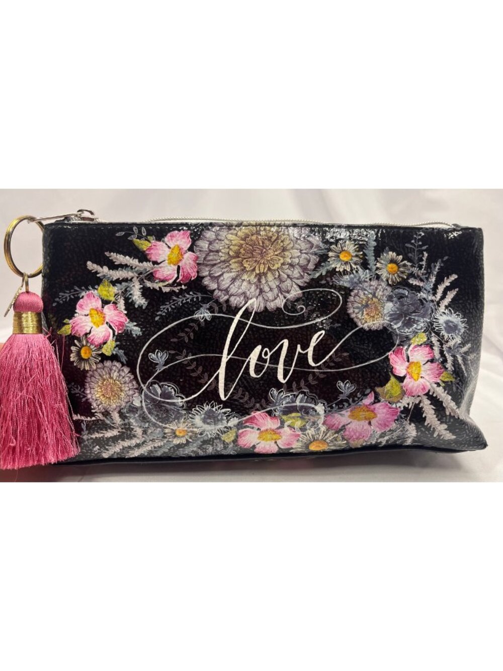 Papaya Art Love Floral Tassel Pouch Clutch Black Pink Cosmetic Bag Boho